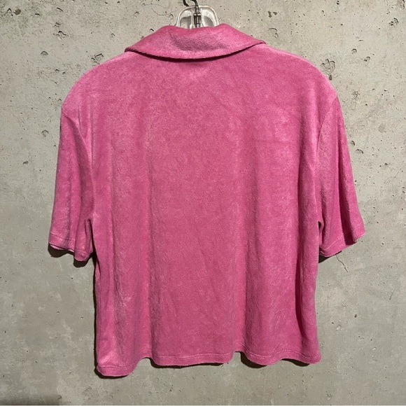 Barbie Terry Cloth Button Down Shirt Short Sleeve Lounge Pink Womens Medium - Picture 4 of 6
